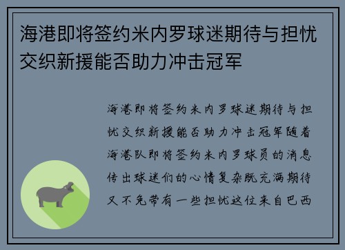 海港即将签约米内罗球迷期待与担忧交织新援能否助力冲击冠军 海港即将签约米内罗球迷期待与担忧交织新援能否助力冲击冠军